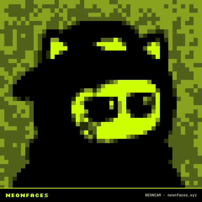 Pixel art of a black character with glowing neon green eyes and snout against a green pixelated background, labeled 'NEONFACES' and 'NEONCAM · neonfaces.xyz' at the bottom.
