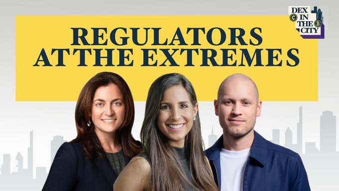 A promotional graphic titled 'REGULATORS AT THE EXTREMES' for 'DEX IN THE CITY,' featuring photos of three people against a city skyline backdrop.