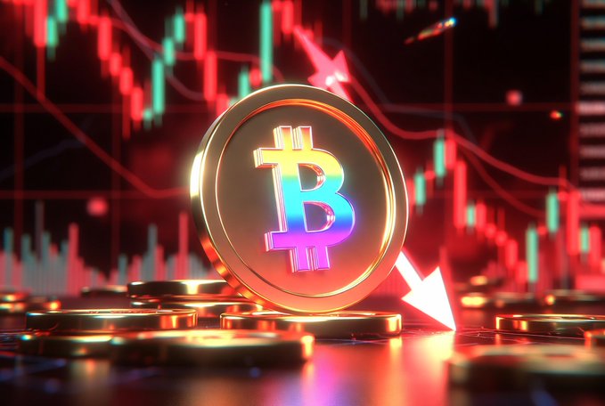 A golden Bitcoin coin sits in the foreground against a backdrop of red bearish candlesticks and a downward-pointing arrow. The image visually represents the market decline and price drop mentioned in the post regarding the ANSEM token.