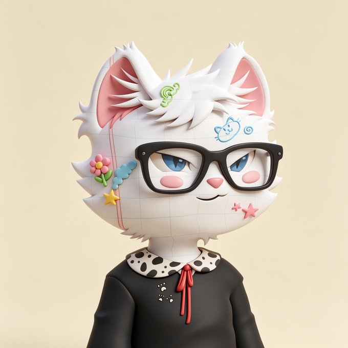 A 3D-rendered white cat character with blue eyes wears black-rimmed glasses and a black dress with a polka-dot collar and red bow, decorated with cute stickers on its face.