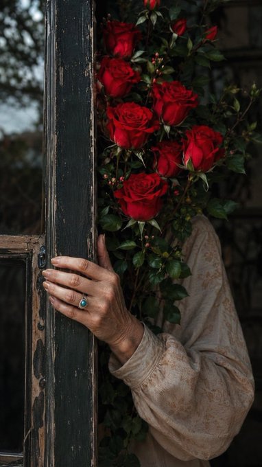 A person's hand wearing a turquoise ring holds open a weathered, dark wooden door, behind which lush red roses are blooming.