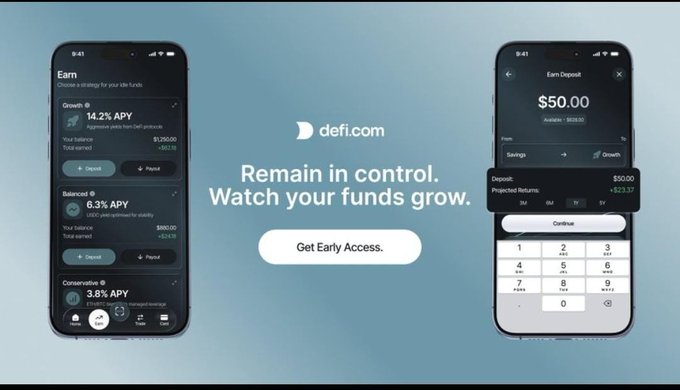 A promotional advertisement for defi.com showing two mobile app screens with the text 'Remain in control. Watch your funds grow.' and a 'Get Early Access' button.