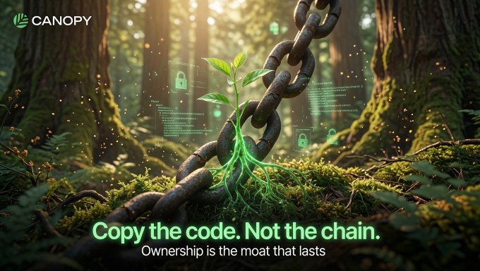 Promotional graphic for "CANOPY" with the text 'Copy the code. Not the chain. Ownership is the moat that lasts,' depicting a green plant growing through a rusty chain in a forest with digital lock icons.