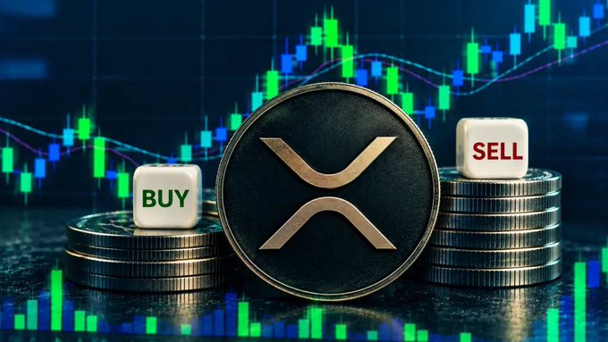 A large XRP (XRP) cryptocurrency coin displayed on stacks of coins with 'BUY' and 'SELL' dice blocks in the foreground, set against a candlestick trading chart background.