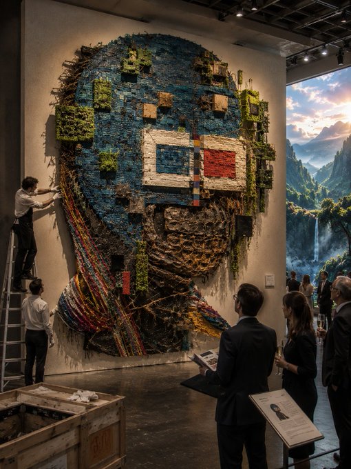 An art gallery scene showing a large, textured portrait of a face created from recycled materials and debris, with workers on a ladder finalizing the installation while formally dressed visitors observe.