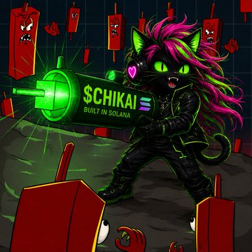 A digital illustration of a green cat-like character with pink hair holding a glowing green weapon labeled 'SCHIKAI BUILT IN SOLANA' amid red blocky enemies.