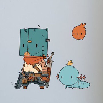 A cartoon-style illustration of a robot-like character with a green boxy head and orange scarf standing alongside two small round creatures, one blue and one orange, against a light background.