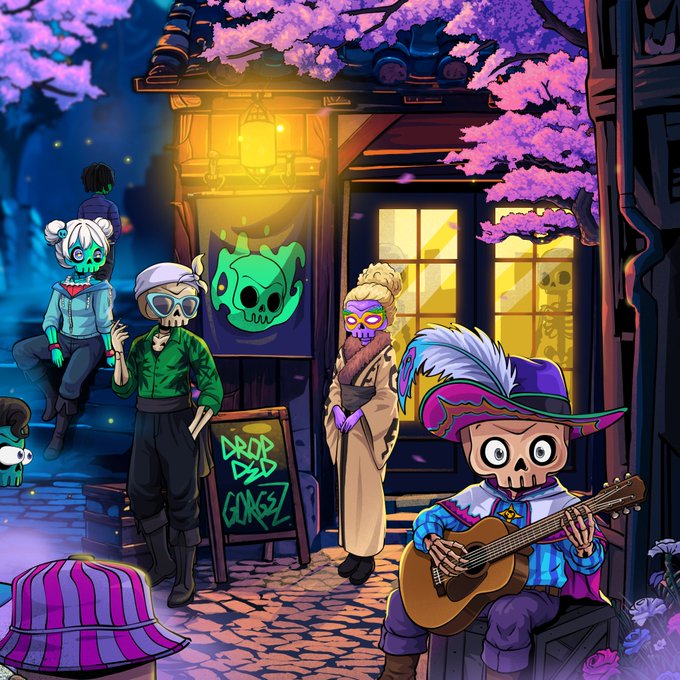 A vibrant anime-style illustration depicting a nighttime street scene with skull-faced characters under cherry blossoms, including a skeleton in a feathered hat playing guitar and a sign reading 'DROP DEAD GONZ'.