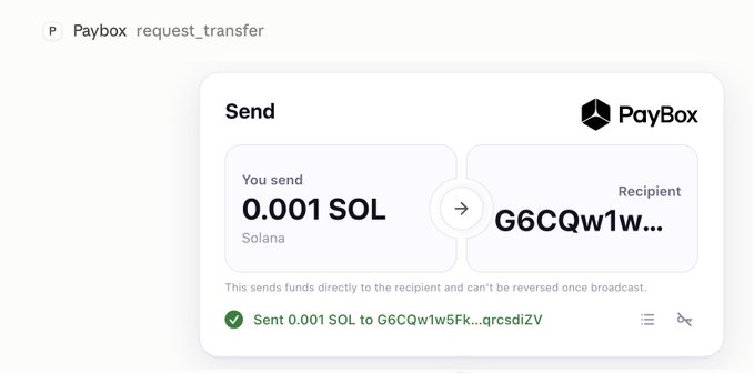 Screenshot of a PayBox request_transfer window showing a successful send of 0.001 SOL to recipient address G6CQw1w... with transaction signature ending in qrcsdiZV.