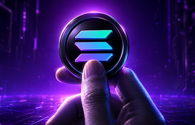 The image features a hand holding up a coin labeled "Solana" against a purple background, with a text overlay that discusses the recent change in Ethereum's status as real-world assets. The phrase "BREAKING : Solana just officially flipped Ethereum in total Real-World Asset (RWA) holders . . . yet the price is still heavily undervalued. Institutional whales are quietly loading up their bags while retail panics." This text highlights how the transition of Ethereum from being a virtual currency to real-world assets has occurred, and it also mentions some market trends related to Solana's rise as an asset in comparison to other virtual tokens like etherium or ethash.