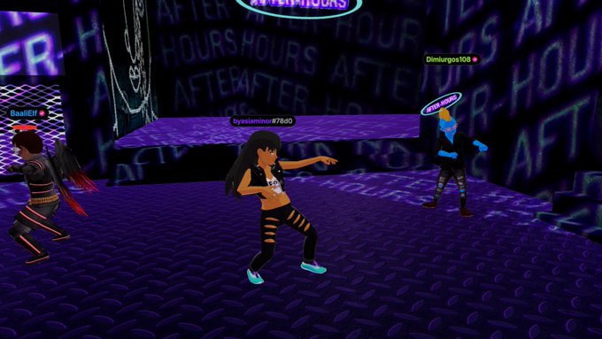 A screenshot from a virtual 3D environment or game featuring avatars dancing in a dark club-like setting with purple lighting and the word 'AFTERHOURS' displayed on the walls.