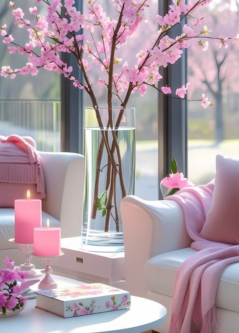 A serene living room features pink cherry blossom branches in a tall glass vase, complemented by soft pink candles and floral accents. The image's gentle, blooming aesthetic pairs with the post's uplifting message about persistence and self-investment, evoking a sense of quiet growth and renewal.