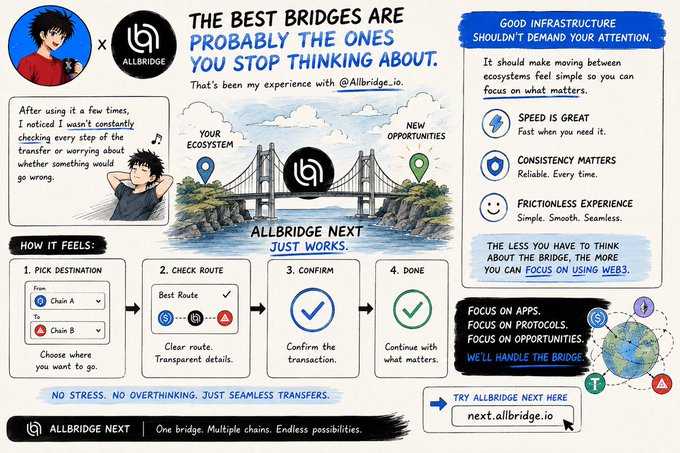 The image is a promotional infographic for Allbridge Next, featuring a bridge illustration and highlighting its seamless cross-chain transfer experience with four steps: pick destination, check route, confirm, and done. The caption "The best bridges are probably the ones you stop thinking about" with the @Allbridge_io tag reinforces the visual's message that reliable infrastructure should simply work, matching the user's testimonial about not needing to constantly monitor transfers.