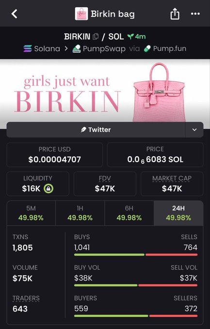A cryptocurrency tracker screenshot for a token called 'Birkin bag' on the Solana network via PumpSwap/Pump.fun, showing a price of $0.00004707 (0.0006083 SOL), $16K liquidity, $47K market cap, and 49.98% gains across 5M-24H timeframes.