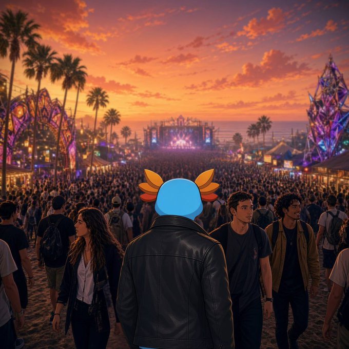 A blue cartoon character with orange hair wearing a black leather jacket stands in the foreground of a massive outdoor music festival at sunset, with palm trees, ornate structures, and a large crowd facing a brightly lit stage.