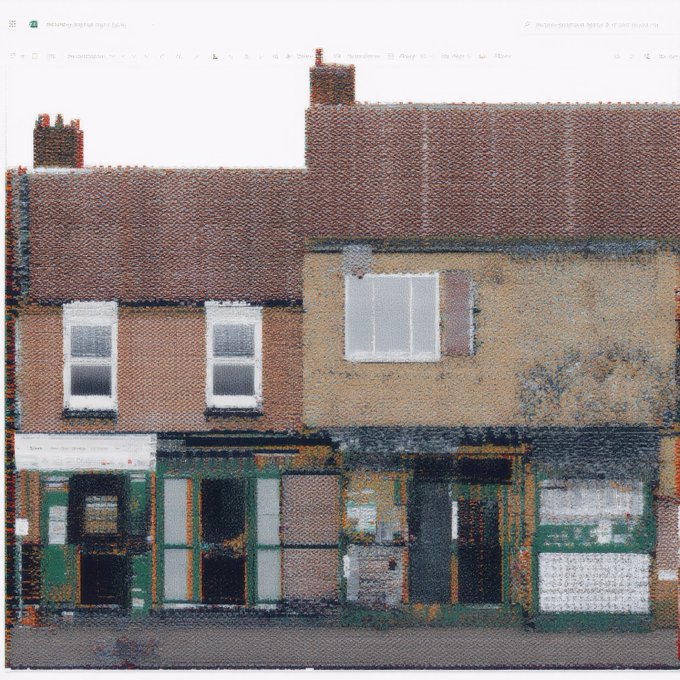 A heavily distorted, pixelated image of two adjacent brick storefronts with shop windows and white-framed upper-story windows, viewed through what appears to be a glitchy digital interface.