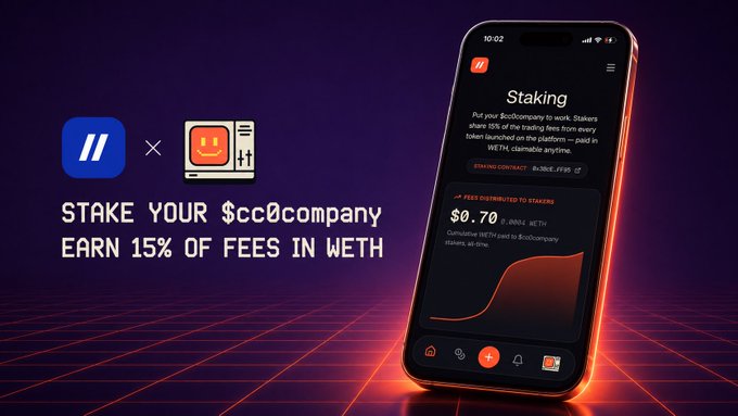 The image shows a cell phone with an app displayed, which appears to be related to staking cryptocurrency. The background of the image has a purple hue, and there are two icons present - one for a TV show called "The Simpsons" and another for a company named "CC0Company". The text on the screen reads: "Focus on what is in the image and how it relates to the post."