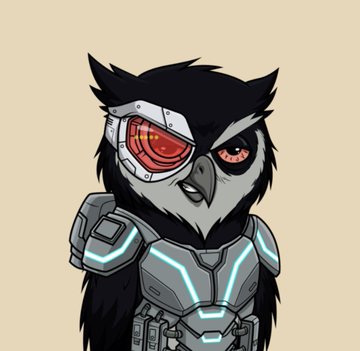 A cartoon illustration of a dark-feathered owl wearing futuristic cybernetic armor with a glowing red mechanical eye.
