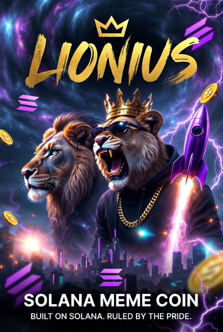 Promotional poster for 'LIONIUS SOLANA MEME COIN' with tagline 'BUILT ON SOLANA. RULED BY THE PRIDE', featuring a crowned lion wearing sunglasses, gold chains, and a rocket against a city skyline and lightning background.