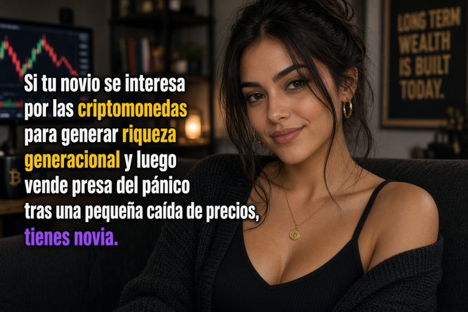 Spanish-language meme featuring an AI-generated woman with a 'LONG TERM WEALTH IS BUILT TODAY' sign behind her, with text reading: 'Si tu novio se interesa por las criptomonedas para generar riqueza generacional y luego vende presa del pánico tras una pequeña caída de precios, tienes novia.'