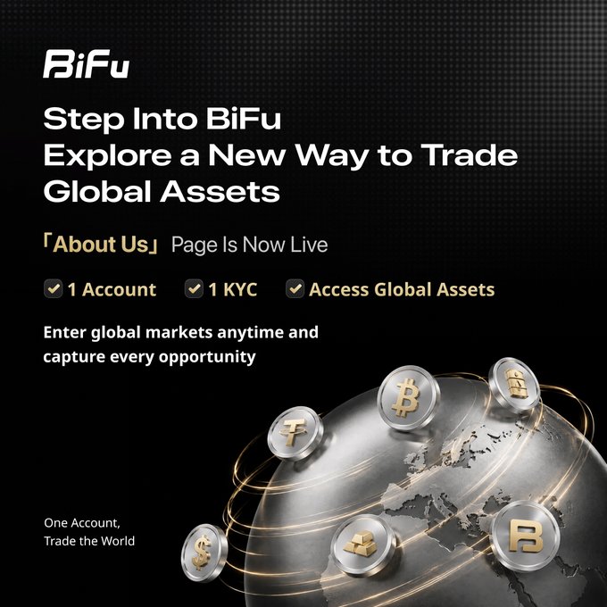 A promotional advertisement for BiFu with the text 'Step Into BiFu Explore a New Way to Trade Global Assets' and 'About Us Page Is Now Live,' featuring various cryptocurrency coins floating around a globe.