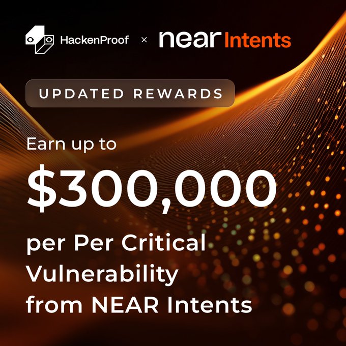 "HackenProof + NearIntents: Updates! Earn up to $30,000 per critical vulnerability from NEAR Intents."