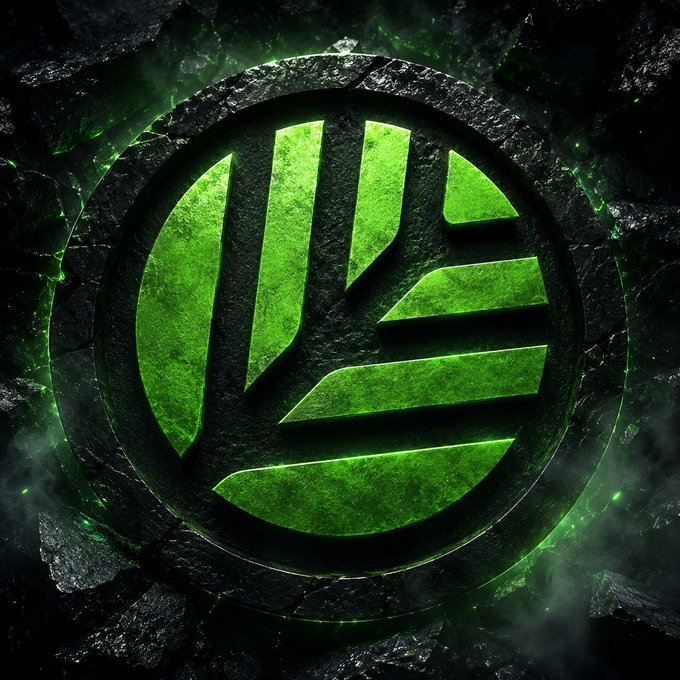 A green glowing 3D logo or emblem set within a dark cracked stone background, resembling a stylized letter or symbol.
