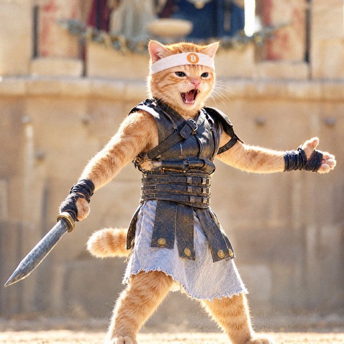 An orange tabby cat wearing gladiator armor and a Bitcoin headband wields a sword in a battle stance within a sandy arena.
