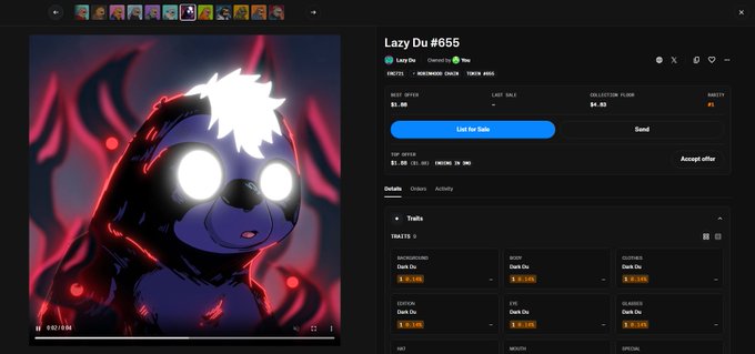 A screenshot of an NFT marketplace listing for 'Lazy Du #655' from the Sand Du collection, showing traits and best offers.