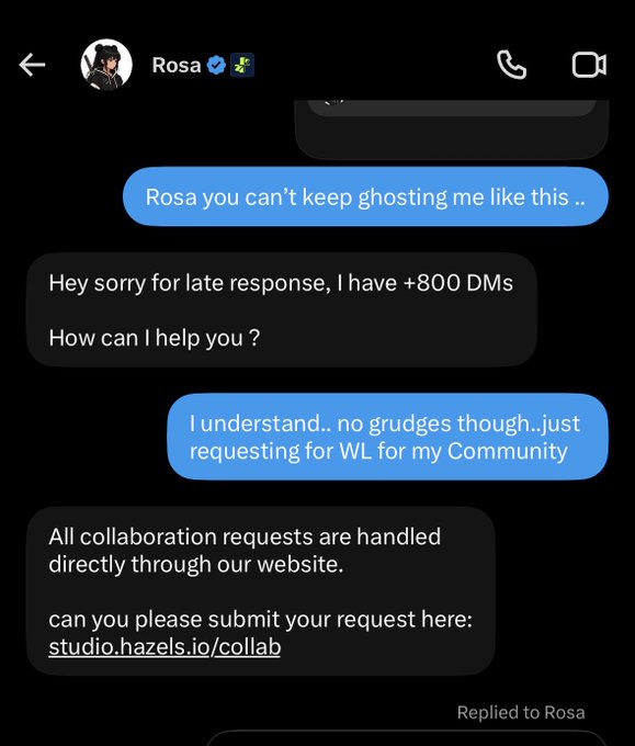 Twitter DM conversation with Rosa, where she explains she has +800 DMs and directs collaboration requests to studio.hazels.io/collab.
