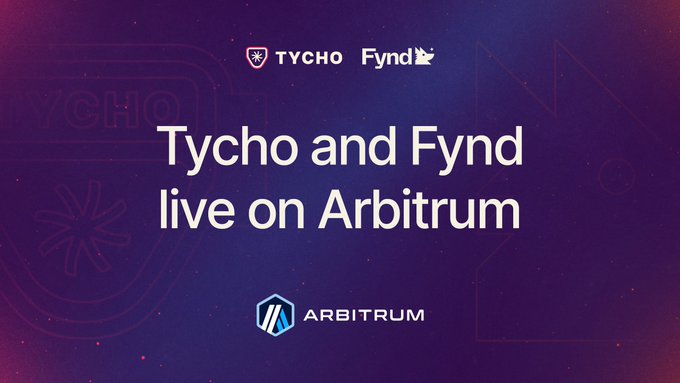 The image features a purple background with white text that reads "Tycho and Fynd live on Arbitrum". The text also includes the names of two companies, "Arbitrum" and "YCHO", as well as the website "www.arbitrum.com".