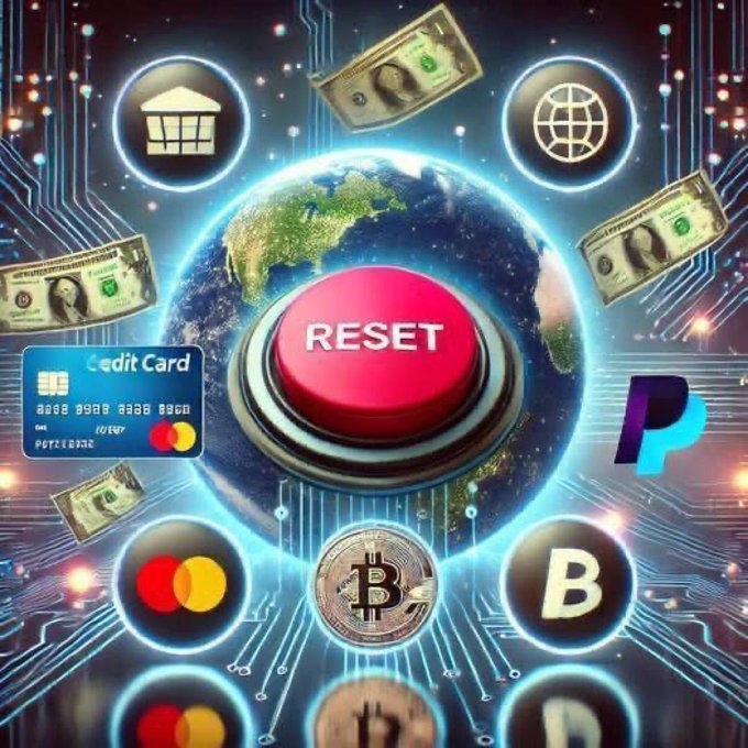 A digital illustration showing a red 'RESET' button over an Earth globe, surrounded by icons representing banks, credit cards, cryptocurrency (Bitcoin), PayPal, and various payment networks on a circuit board background.