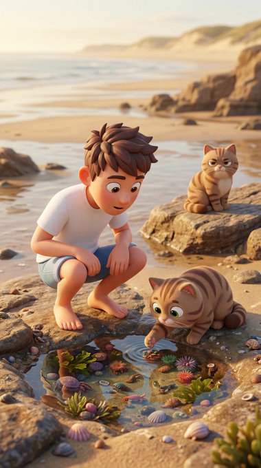 The image features a cartoon boy with brown hair looking at two cats sitting by water, one of which has its head stuck in the water. The scene takes place near the ocean, where the boy and the cat are interacting with each other.