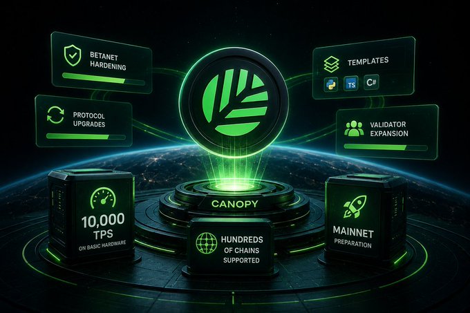 A dark tech-themed graphic displays 'CANOPY' as a central logo surrounded by green holographic features including 'BETANET HARDENING', 'PROTOCOL UPGRADES', 'TEMPLATES', 'VALIDATOR EXPANSION', '10,000 TPS', 'HUNDREDS OF CHAINS SUPPORTED', and 'MAINNET PREPARATION'.