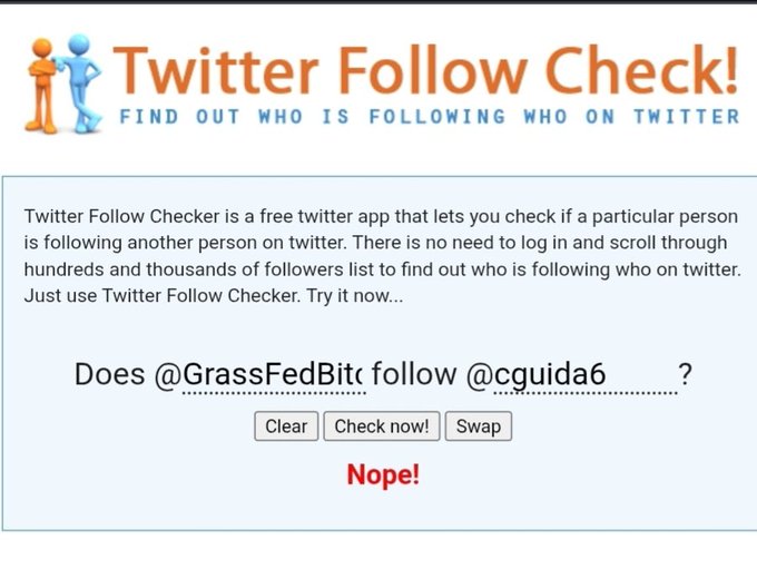 A screenshot of the 'Twitter Follow Check!' website, which checks Twitter follow relationships, displaying the question 'Does @GrassFedBitc follow @cguida6?' with a red 'Nope!' answer.