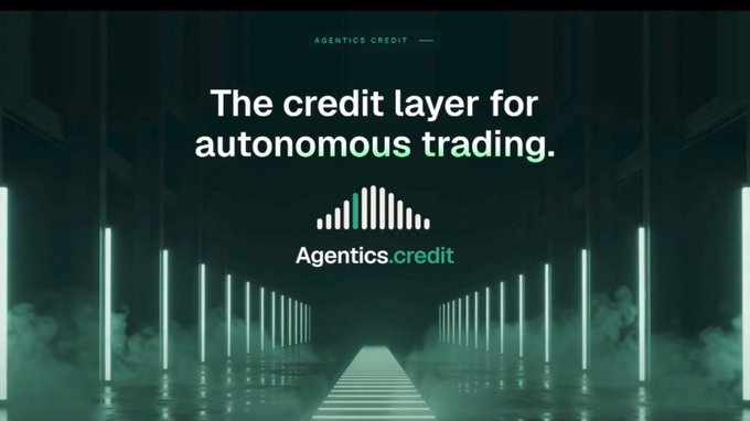 A promotional graphic with the text 'The credit layer for autonomous trading.' and 'Agentics.credit', featuring a futuristic green-lit corridor leading toward a central archway logo.