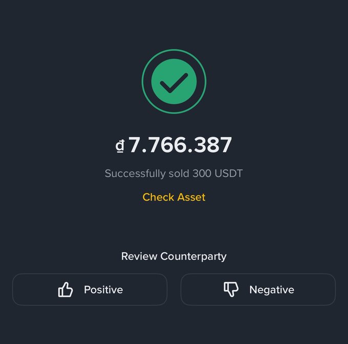 A cryptocurrency transaction confirmation screen showing a successful sale of 300 USDT for ₫ 7.766.387, with options to review the counterparty.