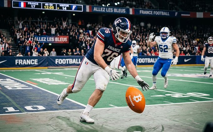 A France football player fumbles an "ALLZ LES BLEUS" football on the field, with the scoreboard showing France trailing 17-14 at 12:05 in the 4th quarter, serving as a visual metaphor for Sequans' costly fumble of its Bitcoin treasury strategy—offloading 100 BTC after peaking at 3,234 BTC and ultimately abandoning the plan entirely.