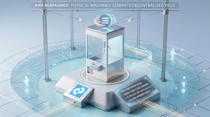 The image showcases a futuristic 3D-rendered amusement machine on a circular platform with the headline "RWA REIMAGINED: PHYSICAL MACHINES GENERATE DECENTRALIZED YIELD" and a small placard listing features like "ONCHAIN REVENUE," "MICRO CASH-FLOW HARDWARE," and "SEAMLESS PHYSICAL MINT." It visually reinforces the post's thesis that tokenizing fast-moving consumer hardware like amusement machines—not sluggish debt instruments—offers the dynamic, high-turnover yield onchain capital actually demands.