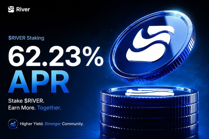 A promotional banner for 'River' displaying a 62.23% APR for $RIVER staking, featuring blue metallic coins with an 'S' logo.