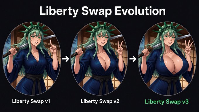 The image, titled "Liberty Swap Evolution," displays three versions (v1, v2, v3) of an anime-style Statue of Liberty character in a blue outfit, with each successive version showing progressively larger bust proportions. The post celebrates the launch of Liberty Swap v3, a faster and more scalable bridge between PulseChain and other major chains, with the image visually reinforcing this "evolution" theme by illustrating the protocol's iterative development from v1 to v3.