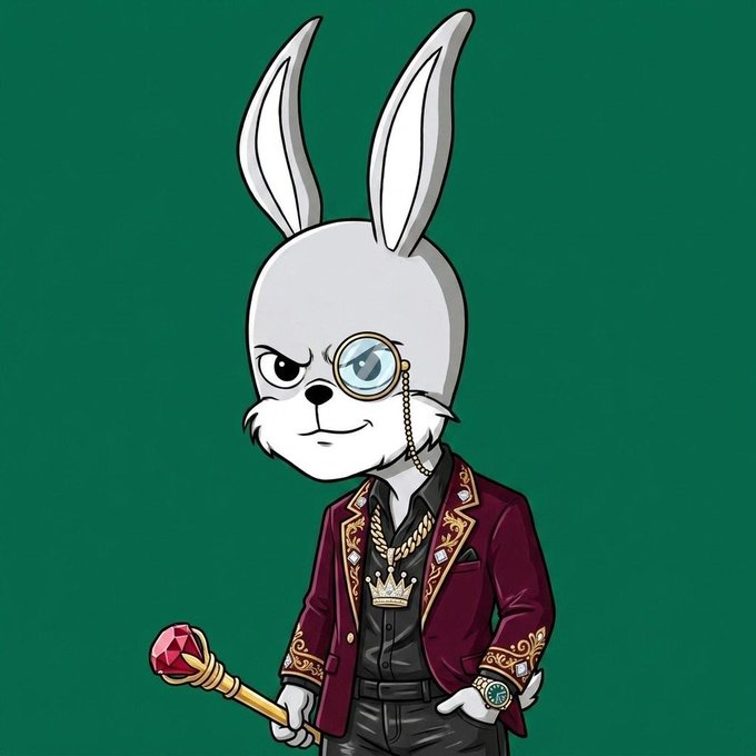 A cartoon illustration of a white rabbit character wearing a monocle, a maroon jacket with gold embroidery, a gold chain, and a watch, holding a scepter with a red gem against a green background.