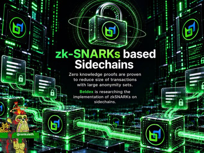 A digital graphic explaining 'zk-SNARKs based Sidechains,' noting that zero knowledge proofs reduce transaction size, with Beldex implementing zkSNARKs, branded with '@renkieth' and a futuristic green tech aesthetic.