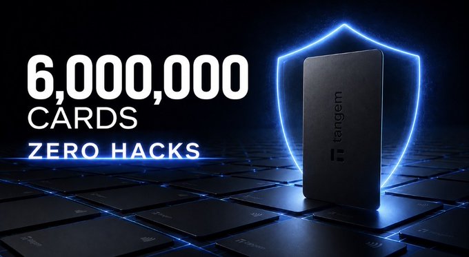 An advertisement displays '6,000,000 CARDS ZERO HACKS' next to a Tangem hardware wallet surrounded by a glowing blue shield.