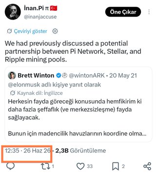 A screenshot of a Turkish tweet from İnan. Pi (@inanjaccuse) quoting a May 2021 tweet from Brett Winton (@wintonARK) of @elonmusk, discussing a potential collaboration between Pi Network, Stellar, and Ripple mining pools, with the caption emphasizing that discussions about decentralization benefits would not be in vain.