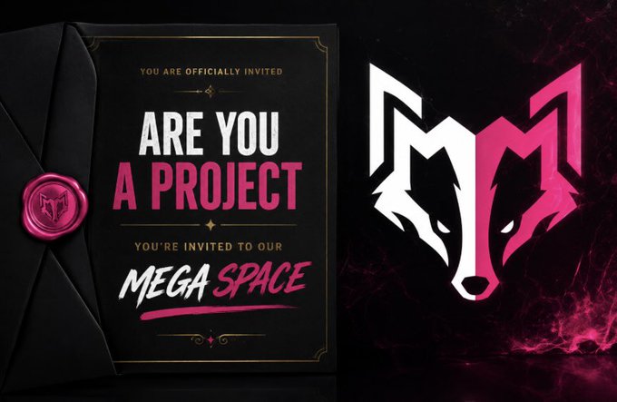 A digital invitation card with a pink wax seal asks "ARE YOU A PROJECT YOU'RE INVITED TO OUR MEGA SPACE," accompanied by a stylized pink and white wolf head logo.