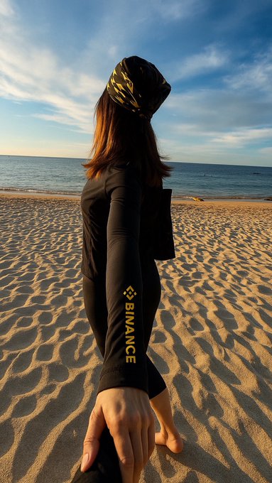 The image features a woman standing on a beach, wearing a black outfit with gold lettering that reads "BINANCE". She has her arm around another person's shoulder while they both stand together at the edge of the water. The background shows an ocean view and a cloudy sky, creating a serene atmosphere for their beach outing.