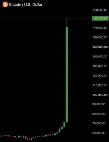 Bitcoin/U.S. Dollar candlestick chart showing a dramatic price spike to $180,000, sourced from eToro.