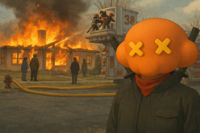 A stylized scene of firefighters battling a house fire with a cartoonish orange character with X-shaped eyes in the foreground.
