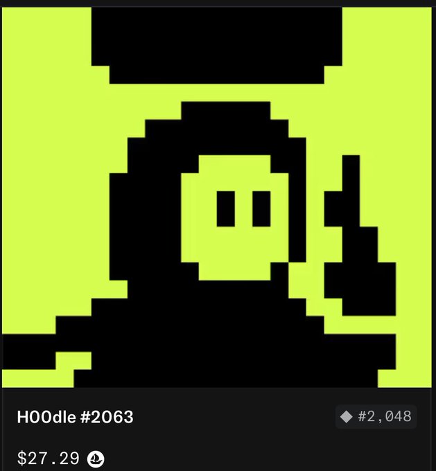 A pixelated hooded figure with two square eyes appears in a yellow and black blocky NFT display labeled "HOOdle #2063" valued at "$27.29," poking fun at the Robinhood trading strategy meme by presenting a hooded NFT parody similar to CryptoPunks.